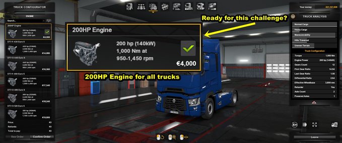 Sonstige 200 PS Motoren für alle LKWs [1.36.x] Eurotruck Simulator mod