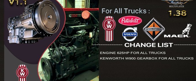 Anbauteile Kenworth W900 625HP Motor und Getriebe für alle LKWs v1.1 Für Multiplayer ATS 1.38 American Truck Simulator mod